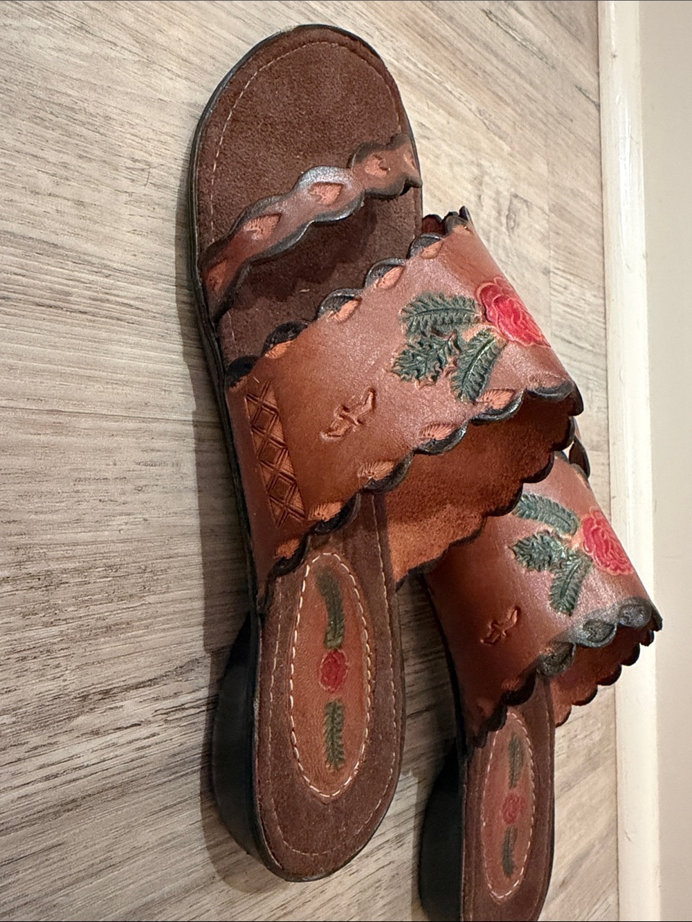 Brown Leather Floral Slide Sandals with Red Rose Detail - Picture 5 of 12